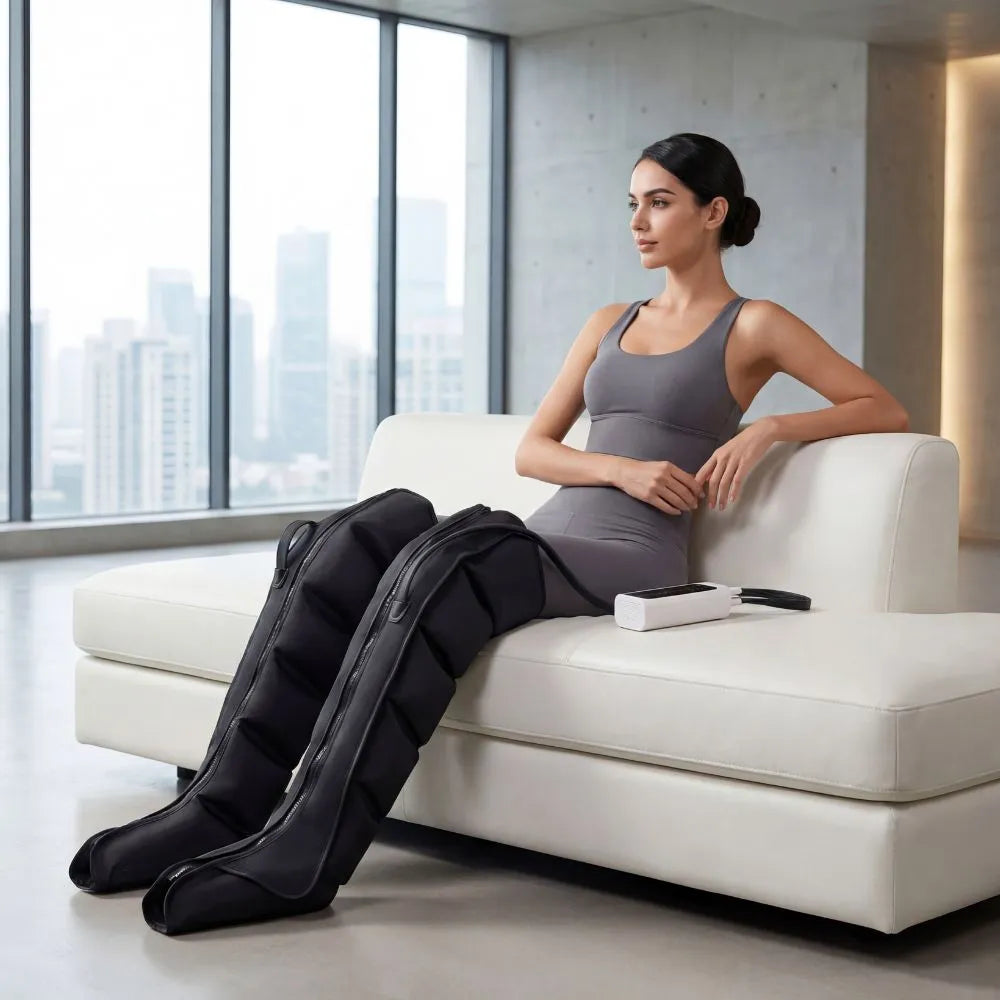 Femme utilisant les bottes de pressothérapie Venalias sur un canapé blanc pour soulager les jambes lourdes à domicile.