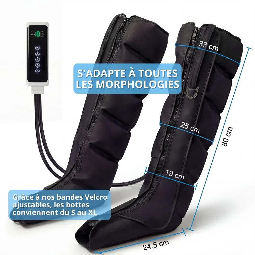 Guide des tailles : Bottes de pressothérapie ajustables avec velcro, s'adaptent à toutes les morphologies (S au XL).