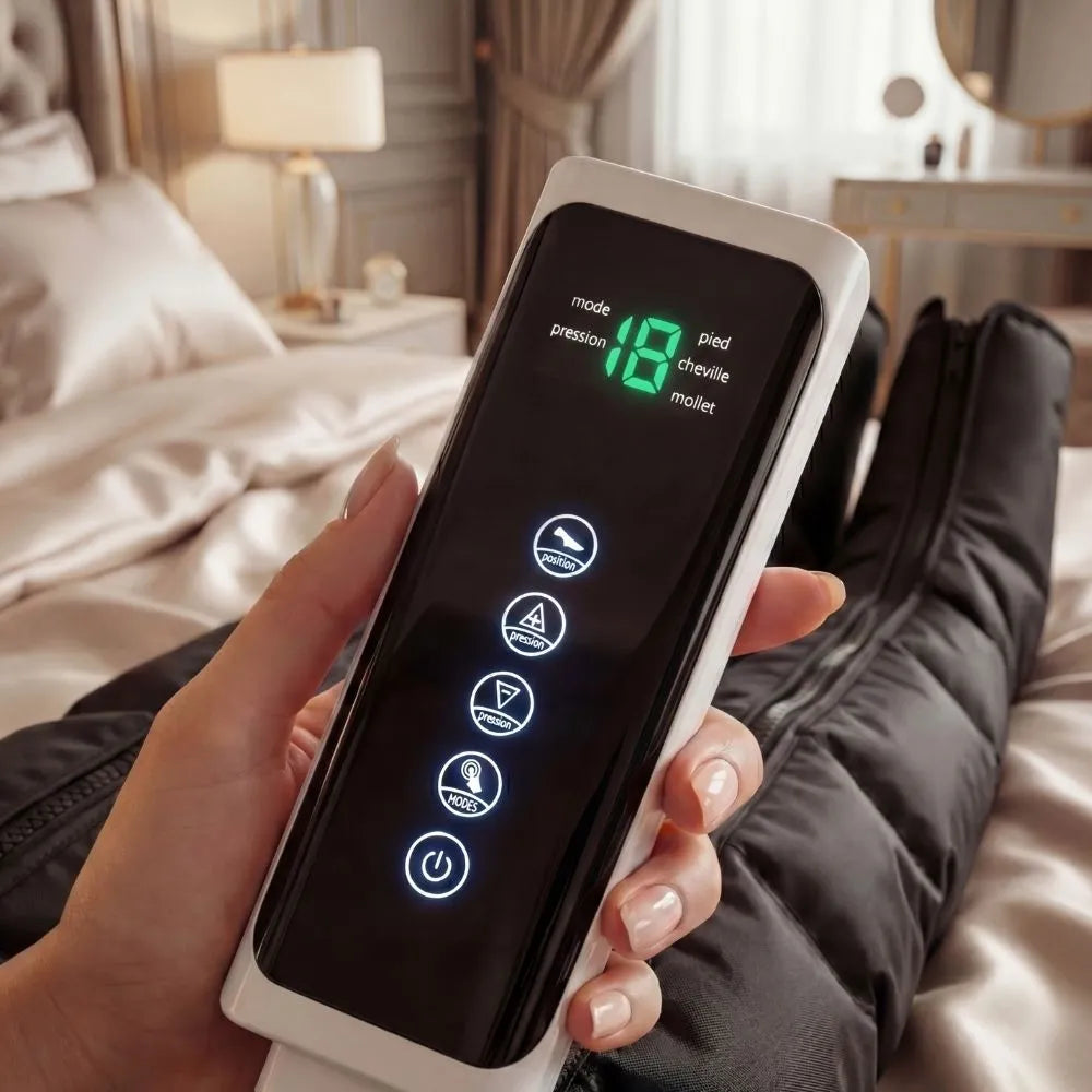 Vue subjective d'une séance de pressothérapie au lit : détente et soulagement des jambes avec télécommande LCD.