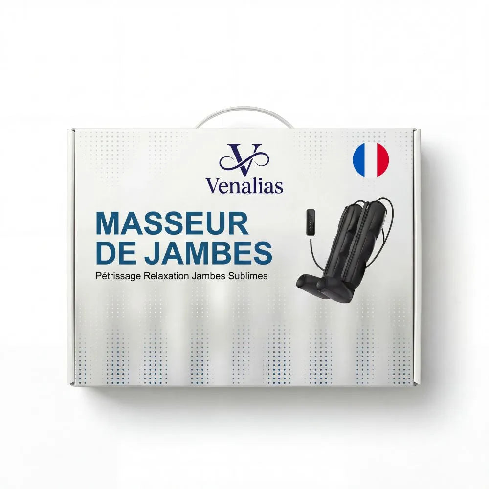 Boîte et packaging officiel Venalias : Masseur de jambes complet, marque française expédiée sous 24h.